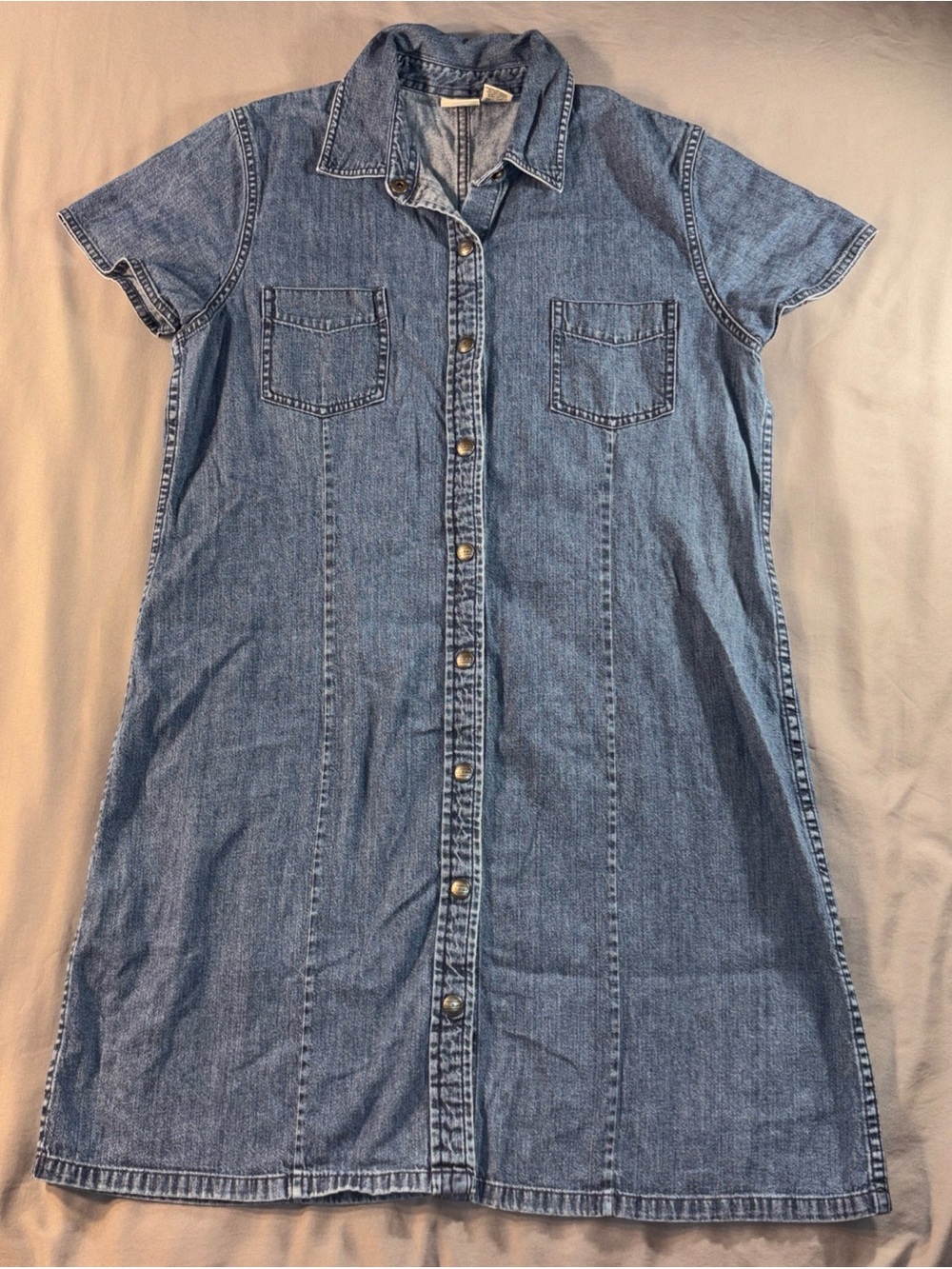 LL Bean Denim Mini Dress Jean Vtg Snap Front Western Y2K Sz 14P Casual Summer